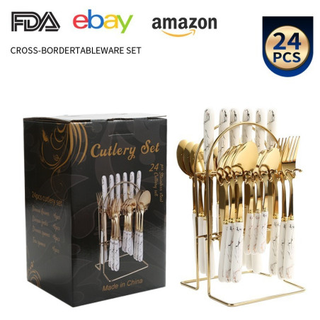 Stainless Steel Tableware 24 Piece Set Marble Pattern Knife And Fork Spoon Suit Imitation Ceramic Handle